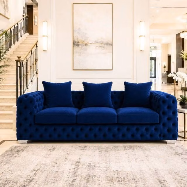 Stratus Interiors Ashley Luxe Blue Velvet Chesterfield Scatter Back Sofa with Included Scatter Cushions W: 203.2 cm, H: 76.0 cm, D: 67.0 cm