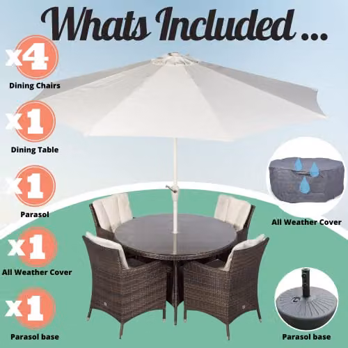 Giardino Savannah 4 Seater Rattan Garden Dining Set with Round Table, Parasol and Cover, Brown and Grey, Diameter: 120 cm – 3