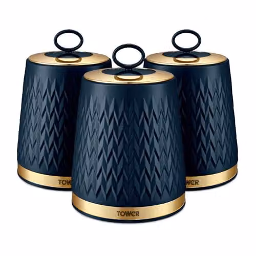 Tower Empire Airtight Kitchen Storage Canister Set of 3, Blue and Bronze Geometric Design – 1