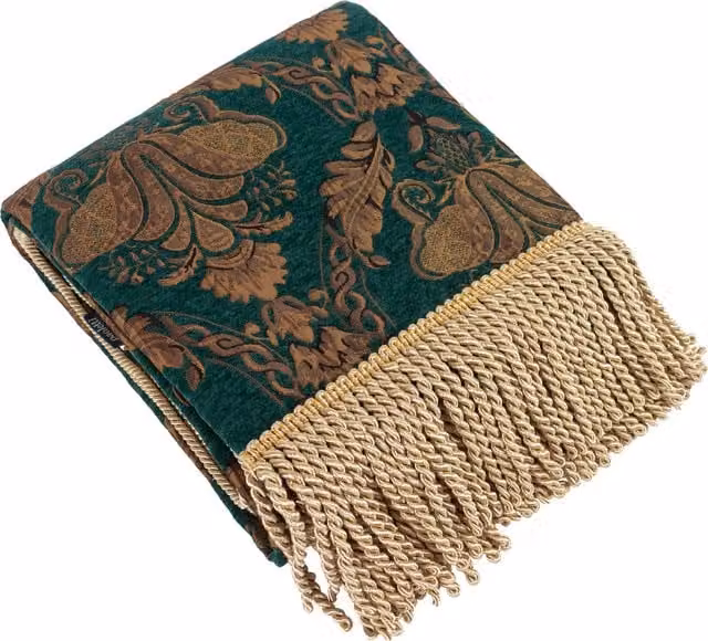 Shiraz Traditional Jacquard Throw with Fringes in Green, Blue and Gold