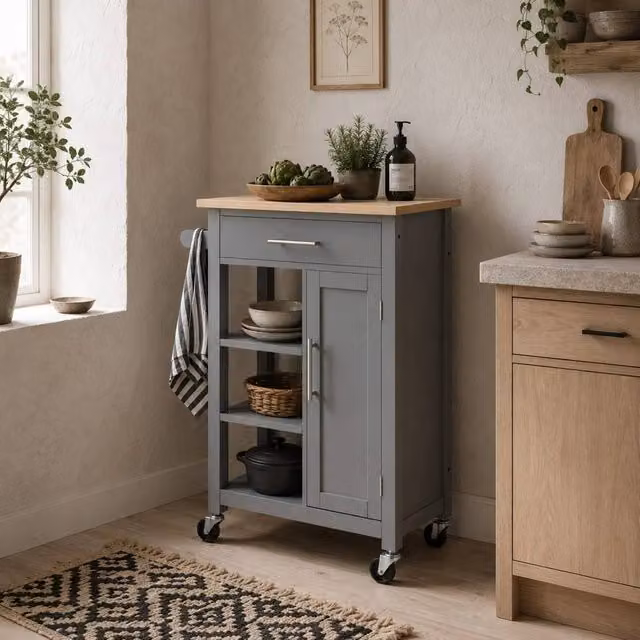 Wyld Haus Grey Compact Kitchen Trolley with Wooden Top Drawer and Open Shelves W/D/H: 60 x 42 x 89 cm