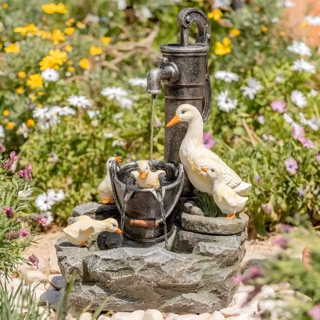 Primrose Duck Family Water Feature Garden Fountain with LED Lights, Beige, Height: 56 cm – 1