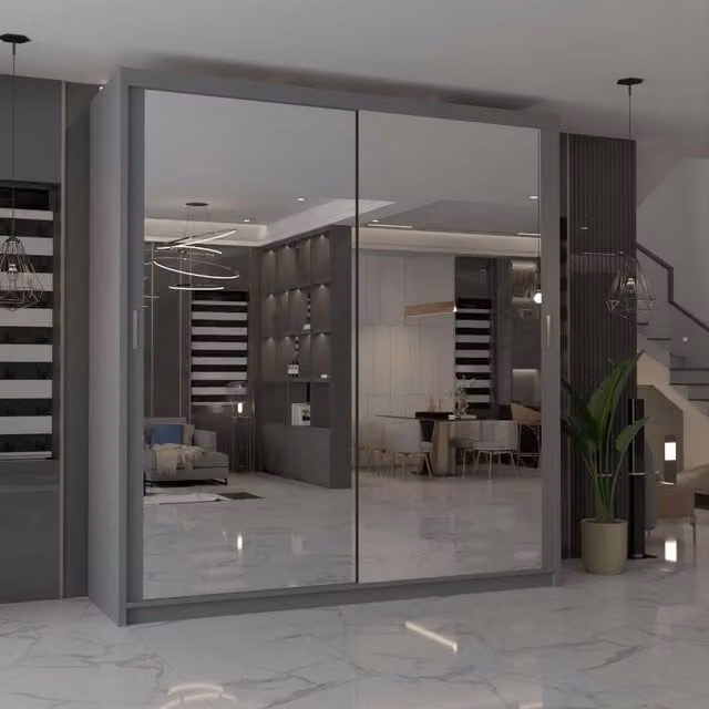 MN Furniture Cuba Sliding Mirror Wardrobe with Integrated LED Lighting, Grey, W: 180 cm, H: 217 cm