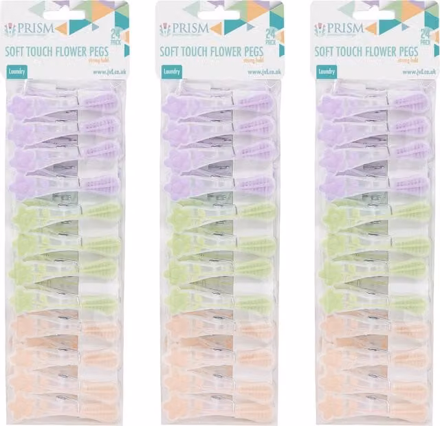 JVL Prism Soft Touch Flower Clothes Pegs, 24 Pack, Multicolour and Purple, 15 cm