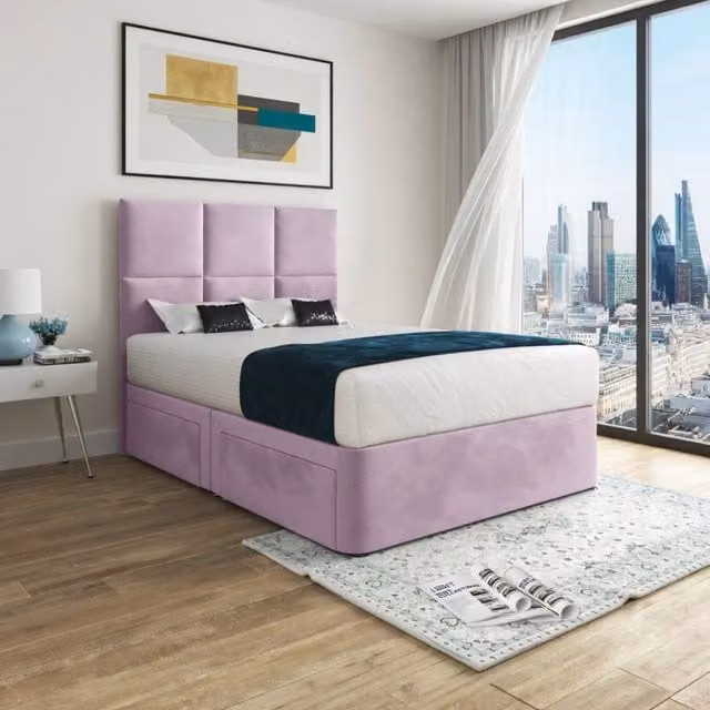 KDMD Ixworth Pink Velvet Upholstered Designer Bed Frame with Floorstanding Headboard and Drawers, W: 200 cm – 1
