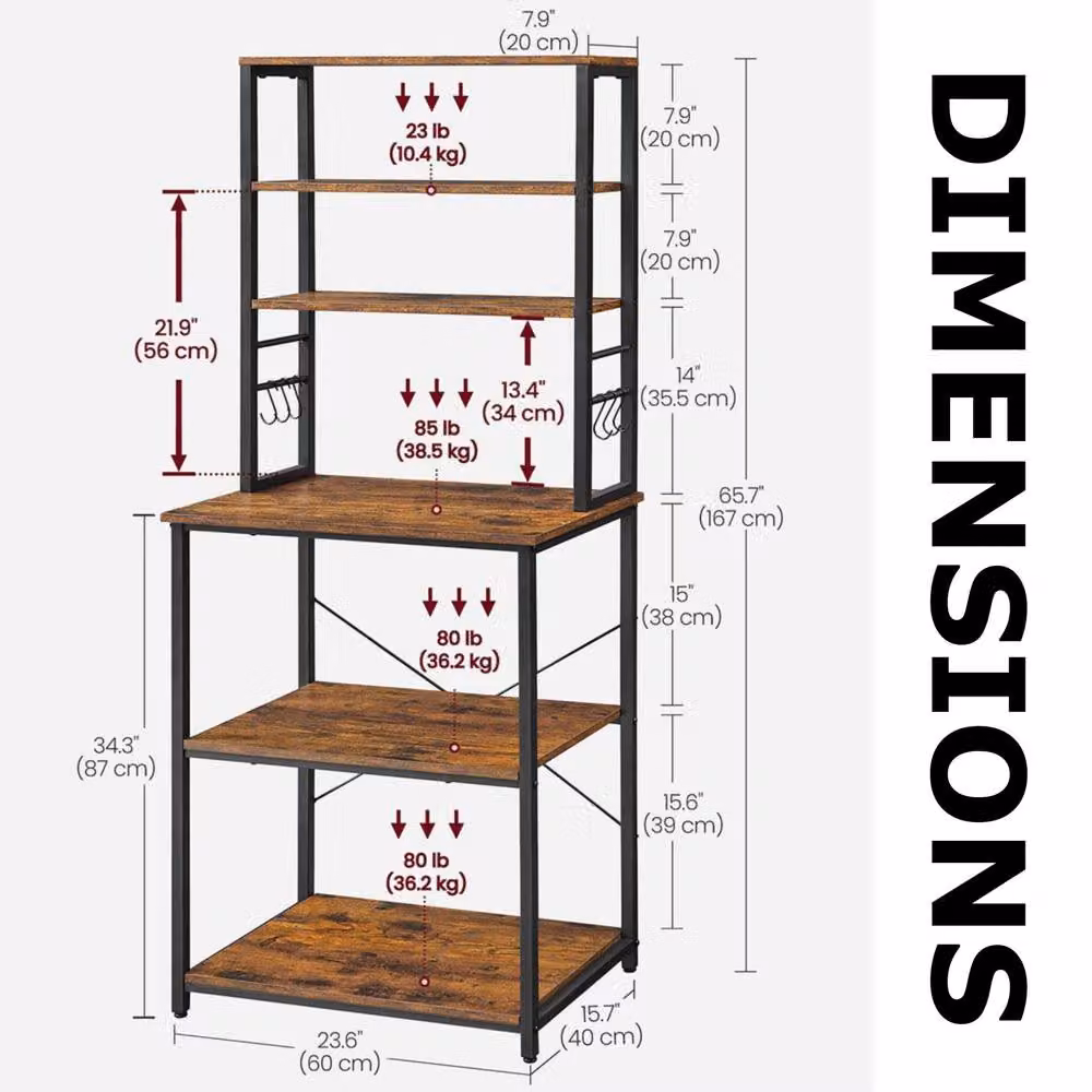 Pirlo Plush Industrial 6 Tier Wide Kitchen Storage Rack with Adjustable Shelves, Brown, W/D/H: 167 x 40 x 40 cm – 5