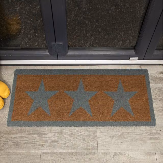 Roseley Rectangular Coir and Rubber Door Mat Runner with Green Stars in Brown