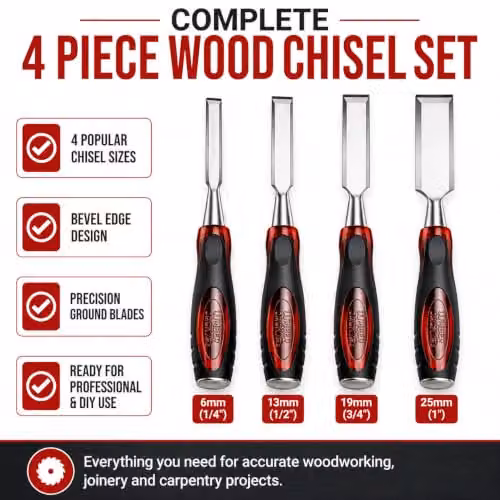Lumberjack 4-Piece Red Bevel Edge Wood Chisel Set with Chrome Vanadium and Stainless Steel Strike Caps – 6