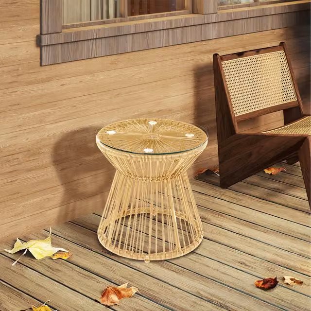 Outsunny Round Boho Rattan Outdoor Coffee Table with Glass Top in Beige
