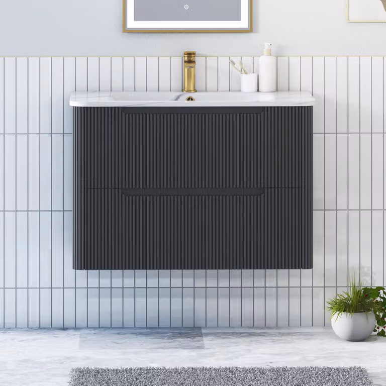 Royal Bathrooms Avenza Wall Hung Vanity Unit with 2 Drawers and Carrara White Basin, Matt Obsidian Black, Width: 80 cm