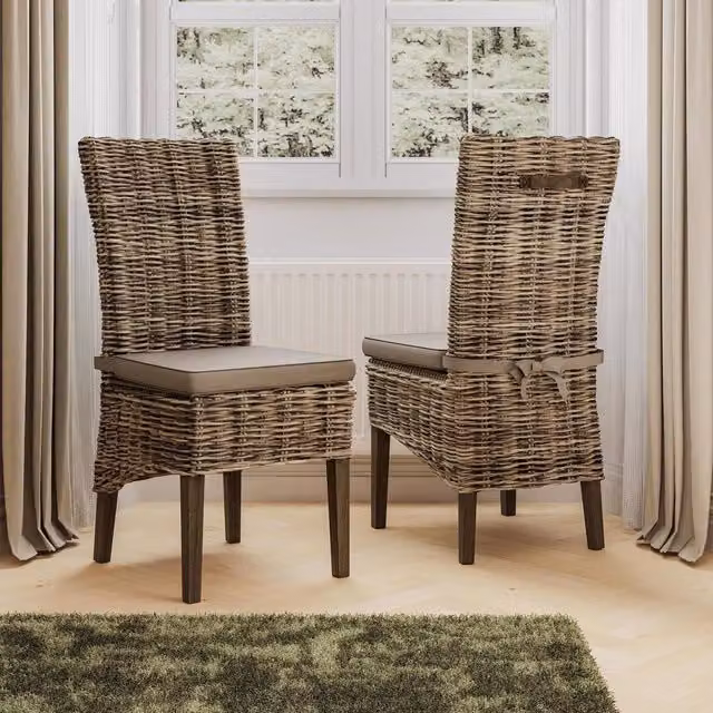 FWStyle Set of 2 Solid Pine Rattan Dining Chairs in Greywash – 1