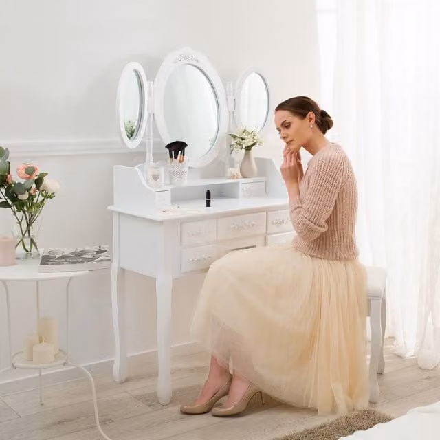 tectake Classic White Lacquered Dressing Table with 7 Drawers and Tri-fold Mirror