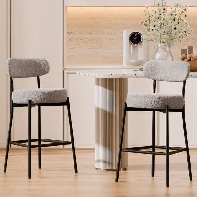 Modern Home Touch Set of 2 Grey Bouclé Fabric Upholstered Barstools with Black Metal Legs