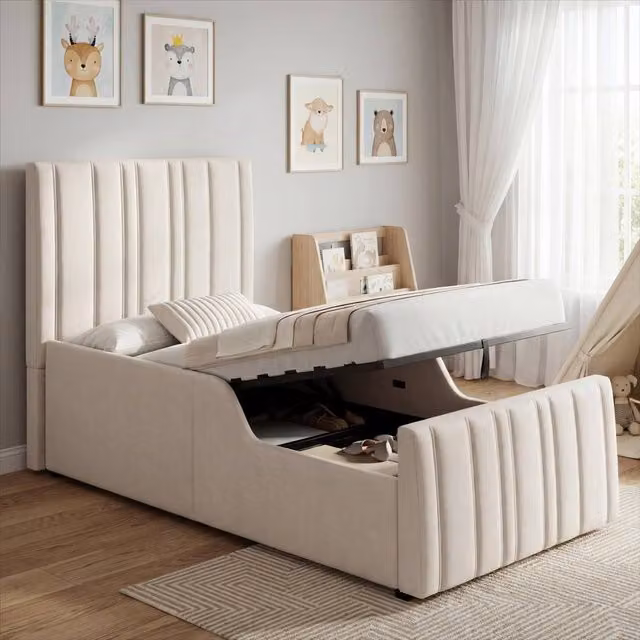 Matteo Beige Linen Upholstered Single Children's Bed with Hydraulic Storage Base, W/D/H: 90 x 190 cm