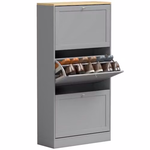 HOMCOM Modern Grey Wall Mounted Shoe Cabinet with Tilting Compartments, W/D/H: 60 x 23.5 x 115 cm – 1