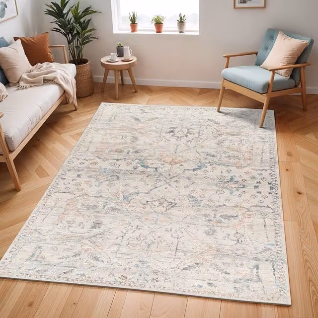 Livabliss Marlene Vintage Ivory Blue Traditional Boho Living and Dining Rug in Cream, W: 155 cm, D: 220 cm – 1