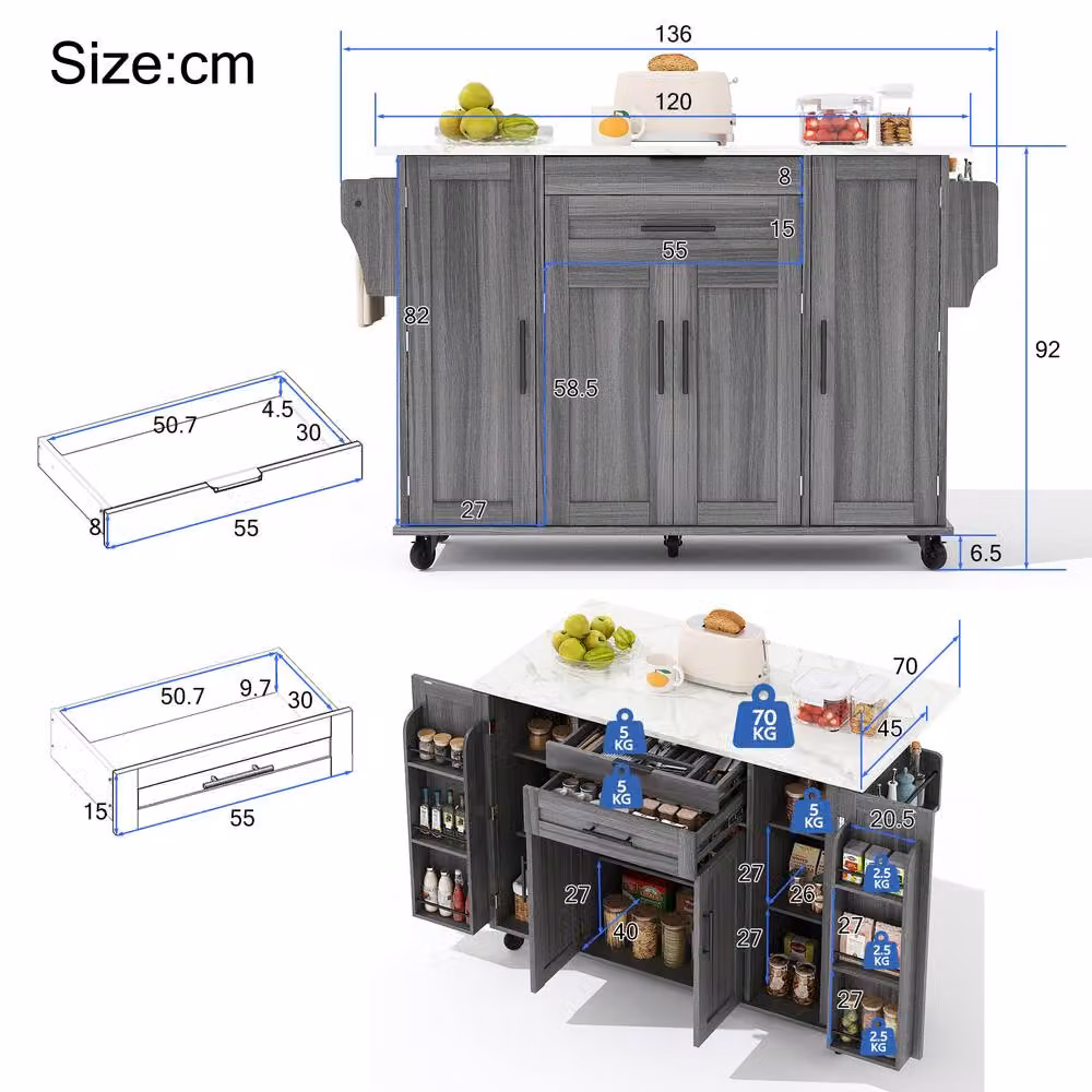 Merax Rolling Kitchen Island Trolley with Foldable Worktop in Grey, W/D/H: 120 x 45 x 92 cm – 7