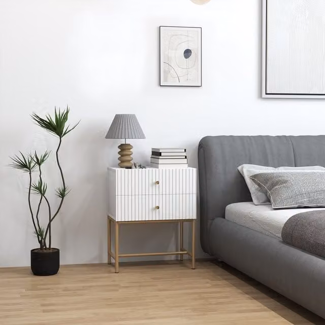 HOMCOM Modern Bedside Table with 2 Drawers in White and Gold – 1