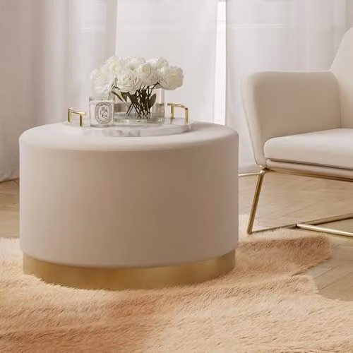 Lemon Pavilion Furniture Lara Velvet Upholstered Pouffe in Cream and Gold, W: 60.5 cm, D: 60.5 cm, H: 35.5 cm – 2