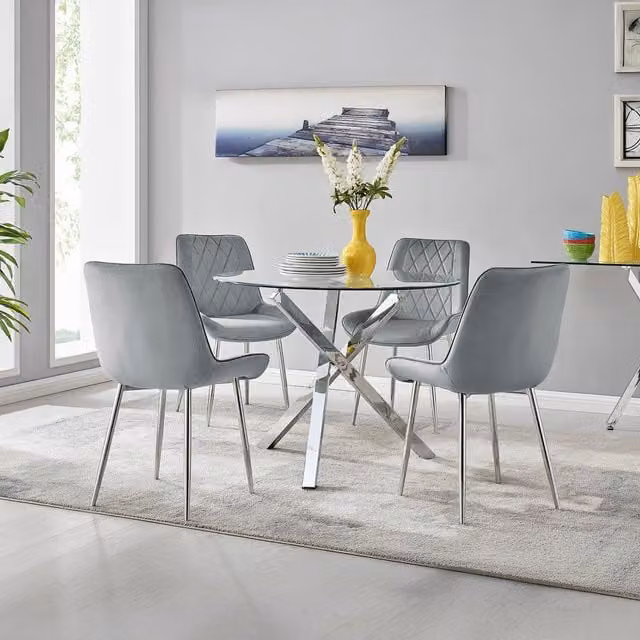 FurnitureboxUK Selina Round Glass Dining Table with Four Grey Mid-Century Chairs