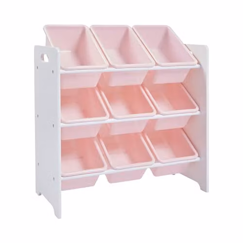 Liberty House Toys Two Tone Toddler Bed and 9 Bin Storage Unit Set in White and Pink, Solid Wood Children's Bedroom Furniture Set – 2