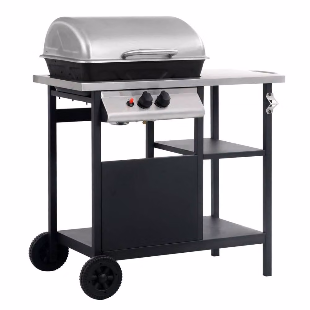 Berkfield Home Gas BBQ Grill with 3-Layer Side Table in Black and Silver – 2