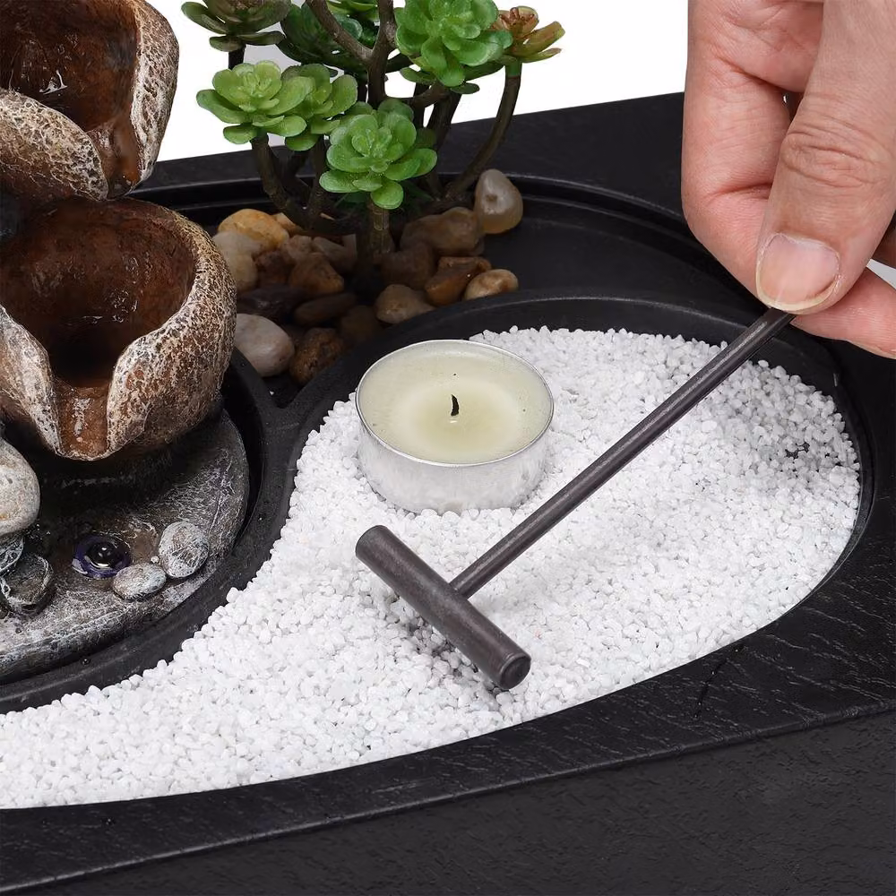 Living and Home Buddha Zen Tabletop Water Fountain with LED Light in Sand – 7