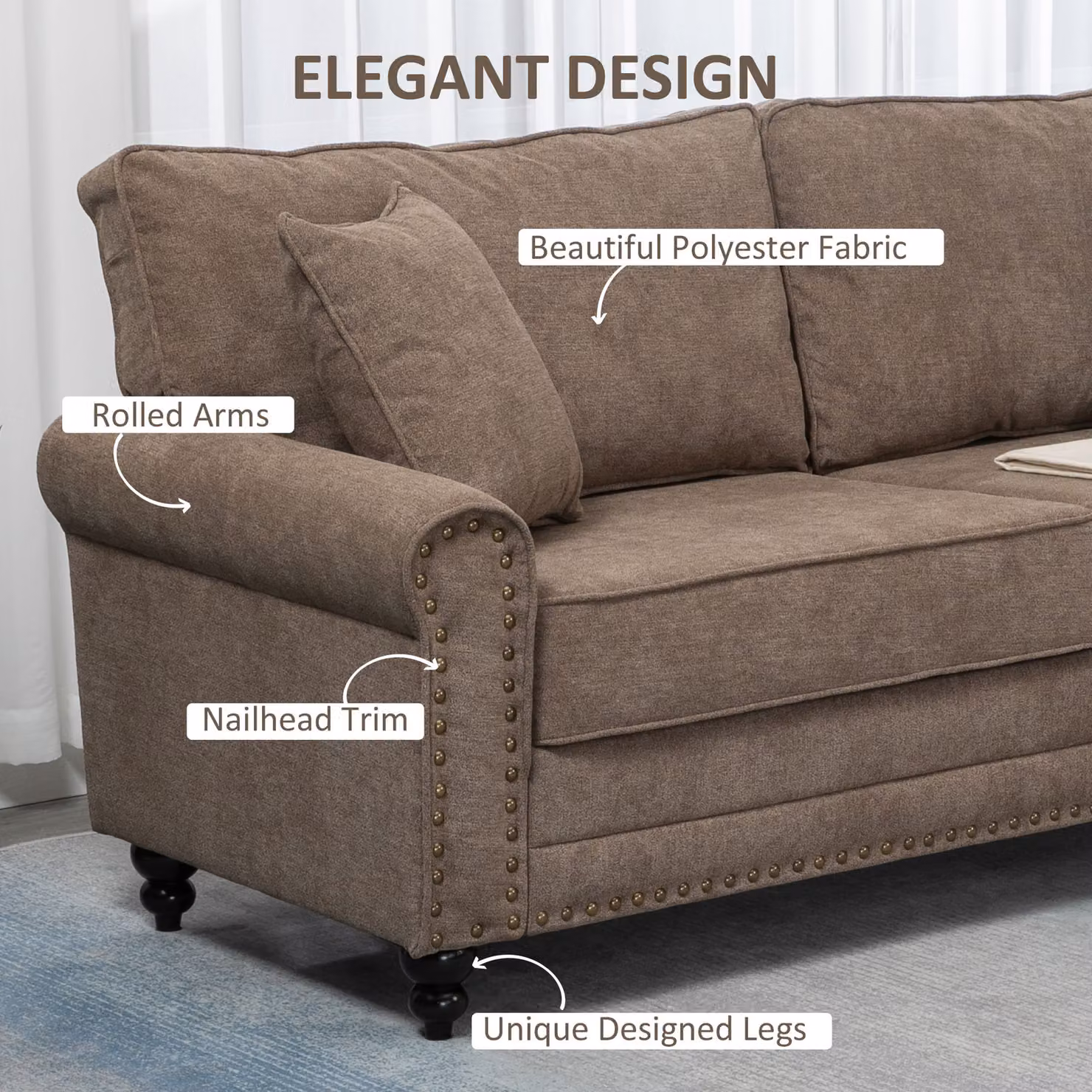 HOMCOM 2 Seater Fabric Sofa in Brown with Scatter Cushions and Nailhead Trim – 4
