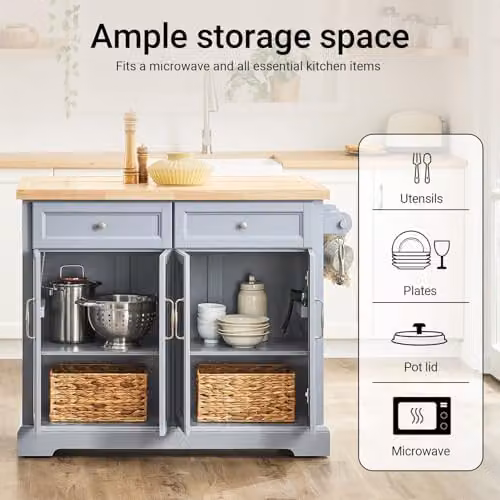 SoBuy Rolling Kitchen Island Storage Trolley with Extendable Rubber Wood Worktop and Drawers, Grey, W: 115 cm, D: 46-71 cm, H: 92 cm – 2