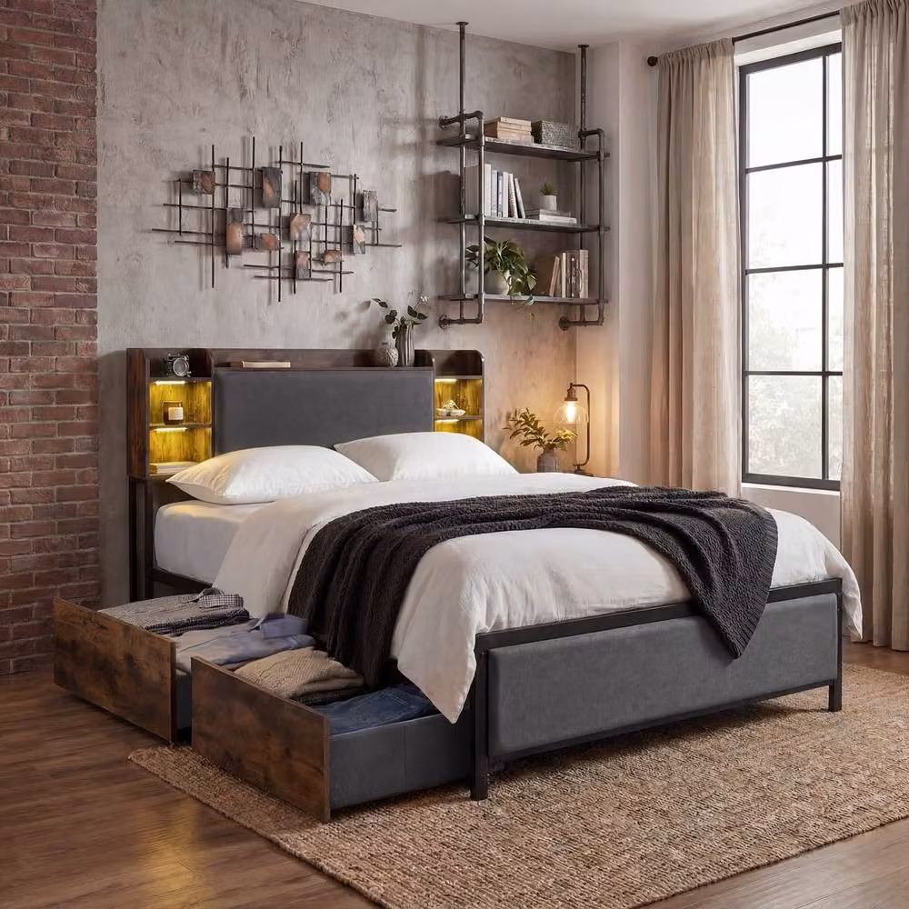 Costway King Size Bed Frame in Brown with LED Lights, USB Charging Port and Storage Drawers, W/D/H: 180 x 200 cm – 5
