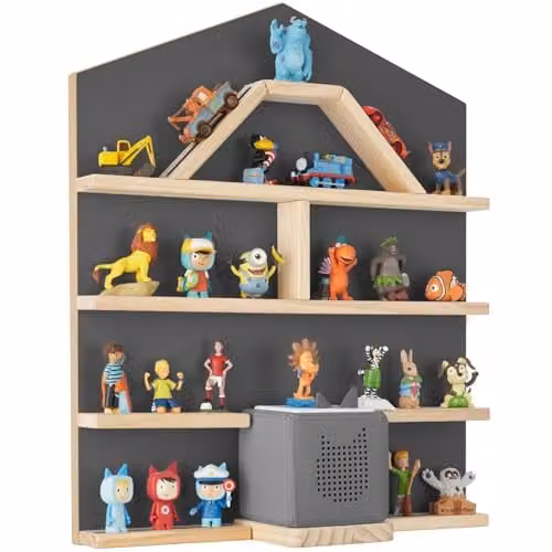tectake 12 Floating Wooden Wall Shelves for Tonies in Grey House, Toy Storage Unit for Childrens Bedroom and Playroom