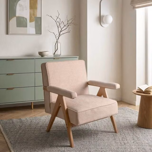 Wyld Haus Retro Armchair in Beige Fabric with Solid Rubberwood Frame – 1