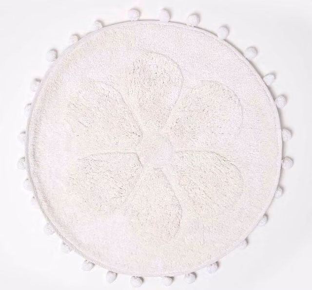 Homescapes Floral Cotton Round Bath Mat in White, Diameter: 60 cm