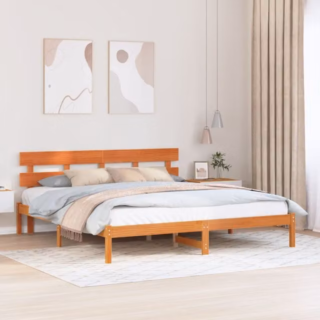 Berkfield Home Solid Wood Pine Bed Frame with Headboard in Wax Brown, W/D/H: 180 x 200 x 80.5 cm – 1