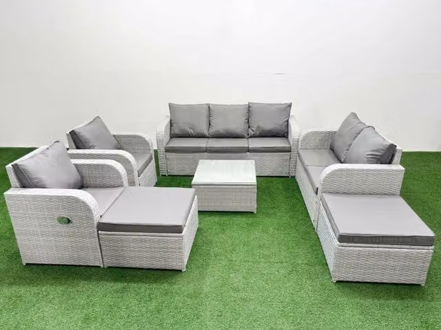 Fimous PE Rattan Garden Furniture Set in Light Grey with 2 Seater Sofa, Coffee Table and 2 Ottomans – 1