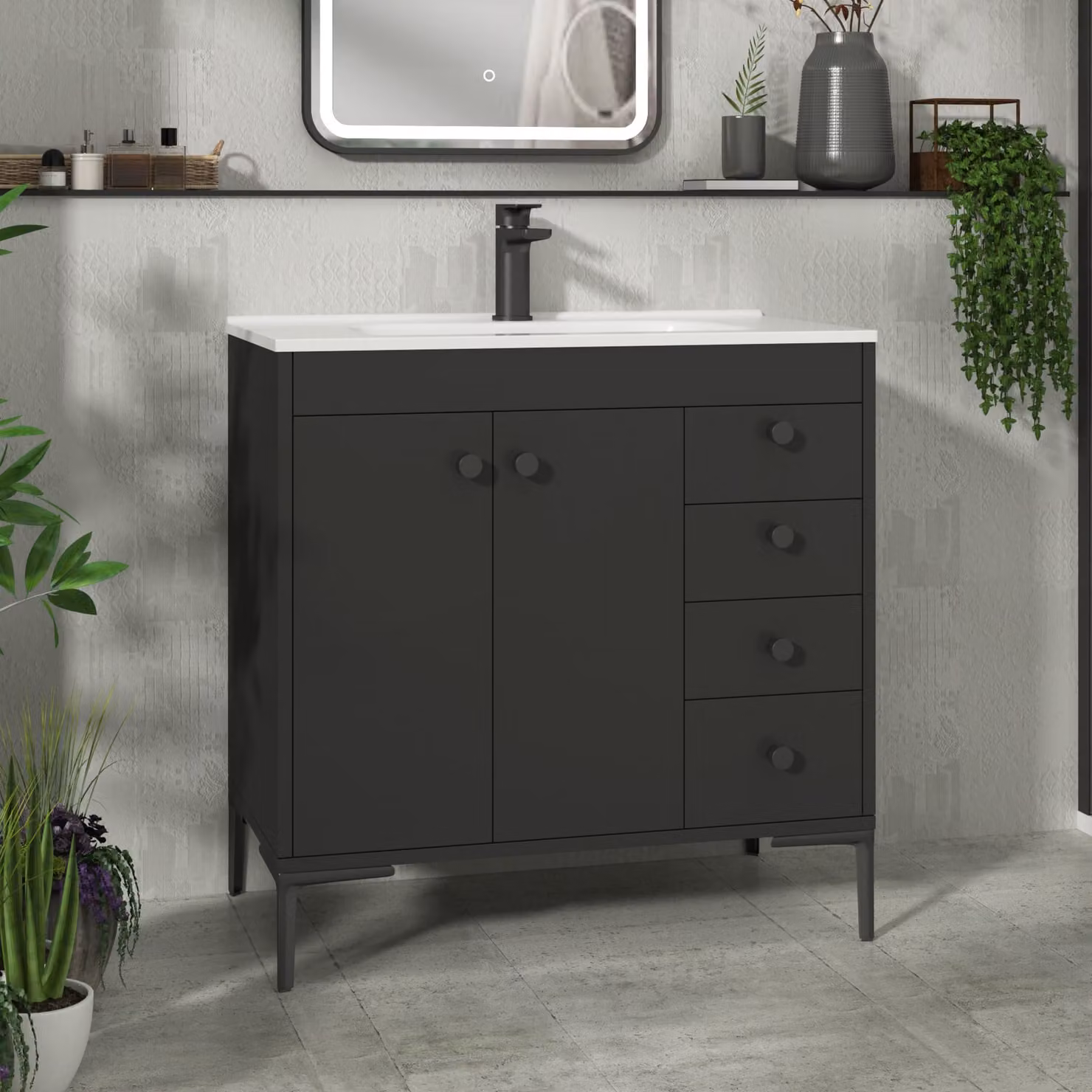 Royal Bathrooms Verona 800mm Matt Black Floor Standing Vanity Unit with Ceramic Basin, 2 Doors and 4 Drawers