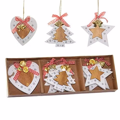 Shatchi Set of 6 White Wooden Christmas Tree Hanging Ornaments with Stars, Hearts and Pendants