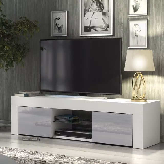 Creative Furniture Modern TV Unit in White with High Gloss Grey Doors, W: 130 cm, D: 35 cm, H: 35 cm – 1