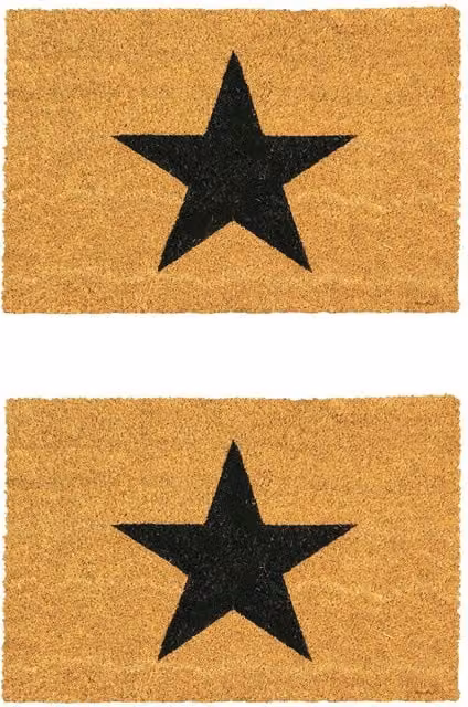 Nicola Spring Coir Door Mats with Black Star Design, Pack of 2, Brown, W: 60 cm, D: 40 cm