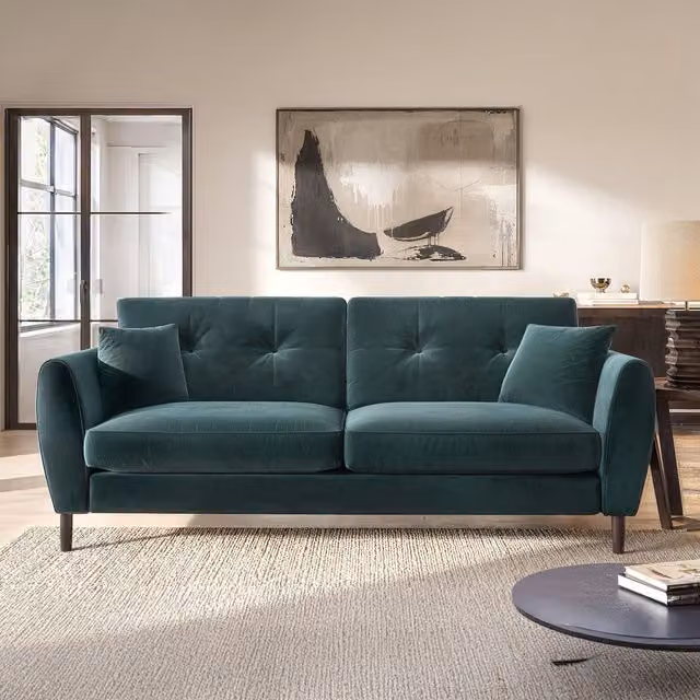 SolaceCo Ellison 3 Seater Mid-Century Velvet Sofa in Green with Scatter Cushions and Removable Covers