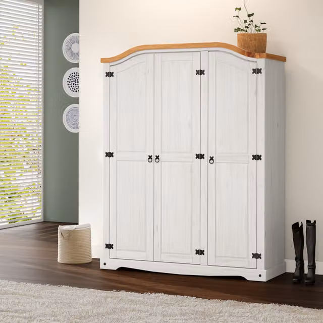 Mercers Furniture Corona 3 Door Arch Top Wardrobe in Distressed White Waxed Solid Pine, W/D/H: 149 x 51 x 190 cm