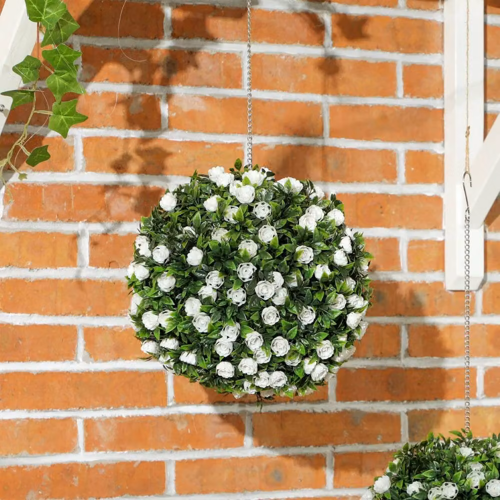 Wyld Haus Set of 2 White UV Resistant Artificial Rose Topiary Balls, Diameter: 28 cm – 5