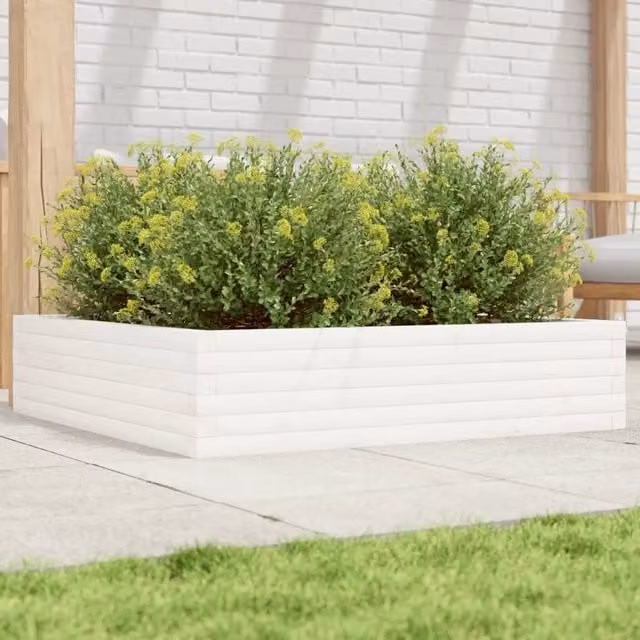 Berkfield Home White Solid Wood Pine Garden Planter Tub W: 100 cm, D: 100 cm, H: 23 cm – 1