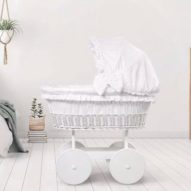 Love For Sleep Silver Baby Bassinet with Beech Wood and Rattan Details