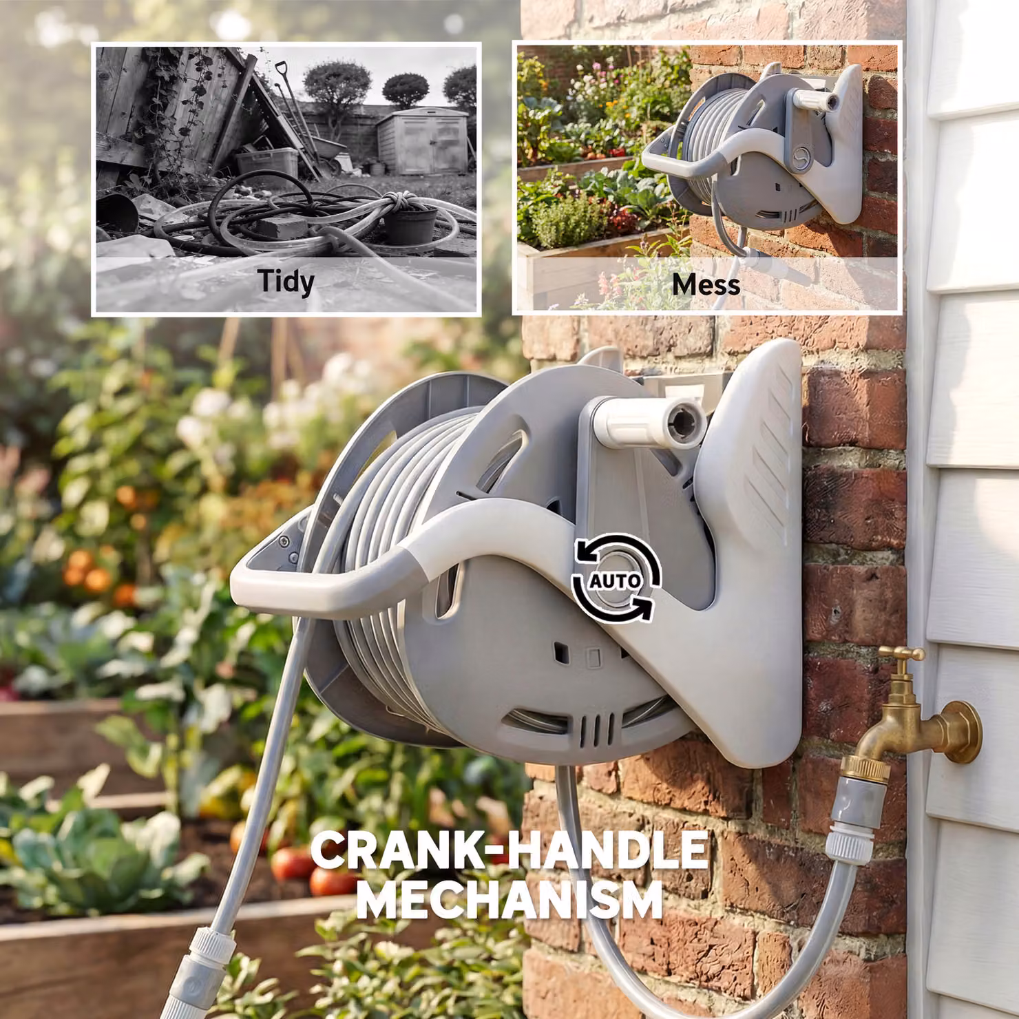 Outsunny Wall Mounted Portable Garden Hose Reel with Crank Handle and Spray Nozzle, Grey – 6