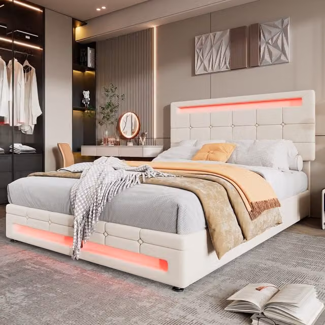 Aosom.UK Beige Velvet Upholstered Double Bed Frame with Hydraulic Lift Storage, LED Lighting and Iron Frame, W/D/H: 199 x 150 x 123 cm