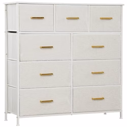 HOMCOM Modern Chest of Drawers with 9 Fabric Drawers and Metal Frame in White and Gold