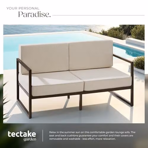 tectake 2 Seater Garden Sofa in Beige with Powder Coated Steel Frame and Upholstered Foam Cushions – 4