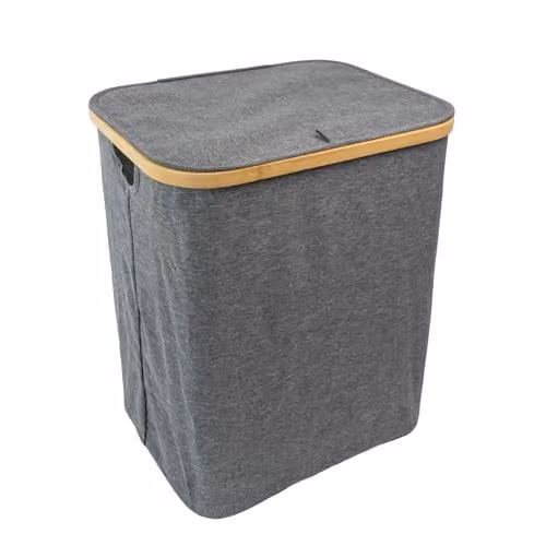 JVL Bambanio Foldable Bamboo Laundry Storage Hamper with Lid and Handles, Grey, 66L, H: 48.5 cm, W: 33.5 cm, D: 41.0 cm – 1