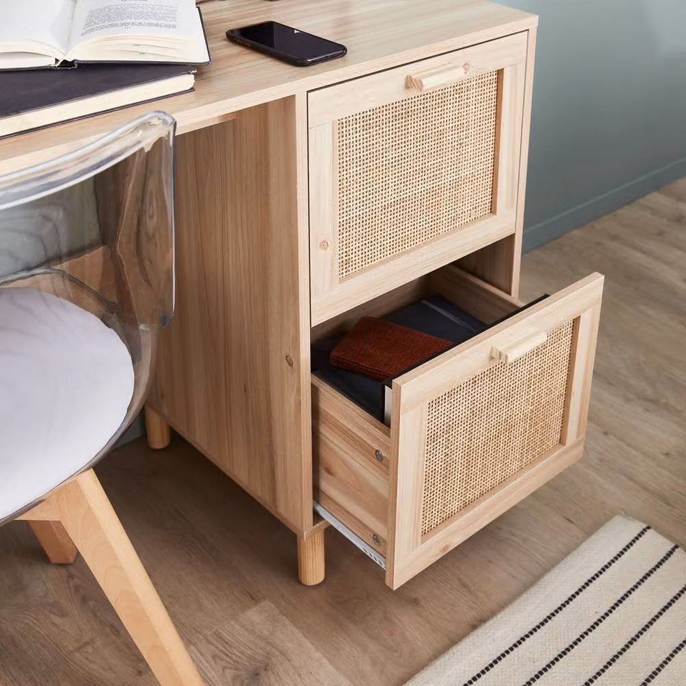 sweeek Boho Woven Rattan Writing Desk with 2 Drawers in Brown – 3
